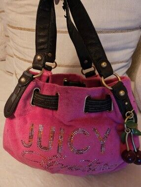 Rare Juicy Couture Y2k Hot Pink Terry Cloth Hobo Bag with Cherry Bag Charm